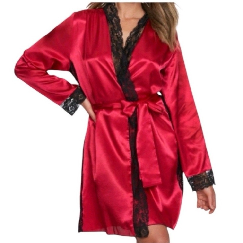 Fredericks‎ of Hollywood Red Satin Lace Trim Robe Kimono Babydoll Lingerie 1X